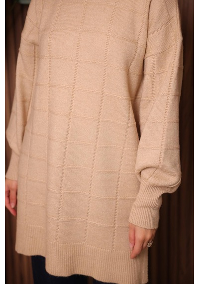Balenbi Kare Dokulu Oversize Yumoş Tesettür Triko Tunik 7012 Bej