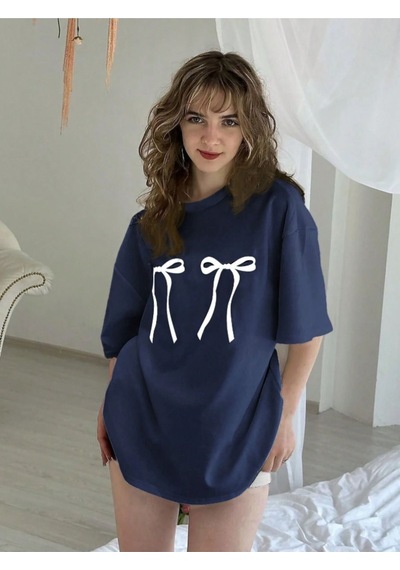 Uyguntarz Unisex Çift Kurdele Tasarım Basklı Tshirt Lacivert