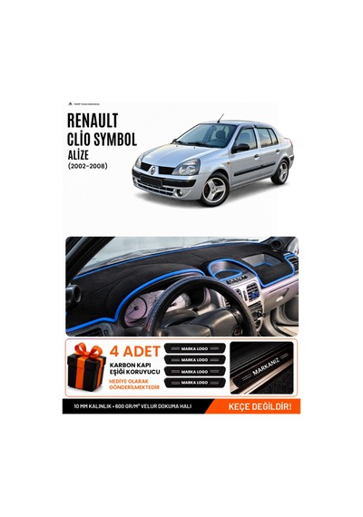 Renault Clio Symbol Alize 2002-2008 Uyumlu Torpido Örtüsü, Torpido Kılıfı - Siyah Mavi