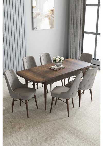Zümra Serisi, Barok Ahşap Desen 80x132 Açılabilir Mdf Mutfak Masası Takımı 6 Adet Sandalye, Gri Zümra Serisi, Barok Ahşap Desen 80x132 Açılabilir Mdf Mutfak Masası Takımı 6 Adet Sandalye, Gri