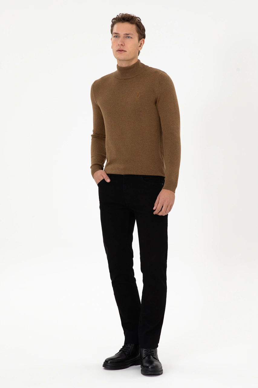 U.S. Polo Assn. Erkek Slim Fit Yarım Balıkçı Yaka Haki Melanj Basic Kazak 50307783-VR125