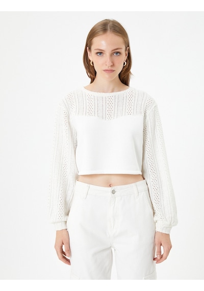 Koton Crop Kazak Ajurlu Balon Kollu Bisiklet Yaka Ekru 4wak30091ek 4WAK30091EK010 Ekru