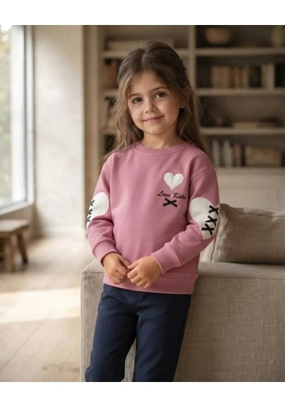 Roya Kız Çocuk Pembe Sweatshirt Kalp Detaylı Modeli