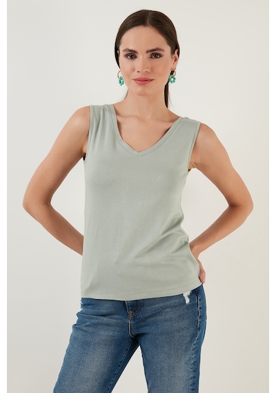 Lela Slim Fit V Yaka Kalın Askılı 2' Li Paket Bayan Bluz 5864384S2 Ekru-Çağla