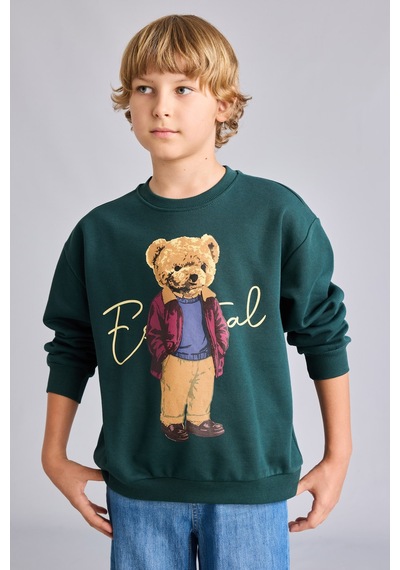 Defacto Oversize Bisiklet Yaka Ayıcık Figürlü Baskılı Uzun Kollu Sweatshirt Erkek Çocuk I3299a826wngn536 Yeşil-gn536