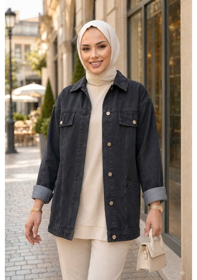 Hb Harma Time Butik Kadın Cep Detaylı Denim Kot Siyah Ceket