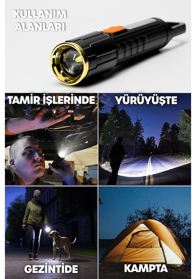 Şarjlı El Feneri 5 Mod Karabina Askılı Cob Led Kamp Lambası Acil Durum Işığı 7149 Siyah