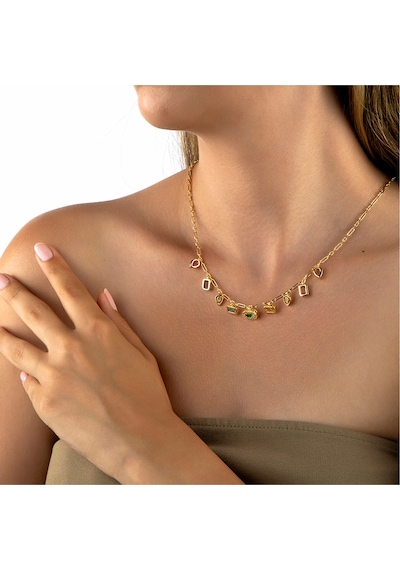 Altın Renkli İnce Zincirli Pastel Renk Taşlı Geometrik Charm Kolye Altın