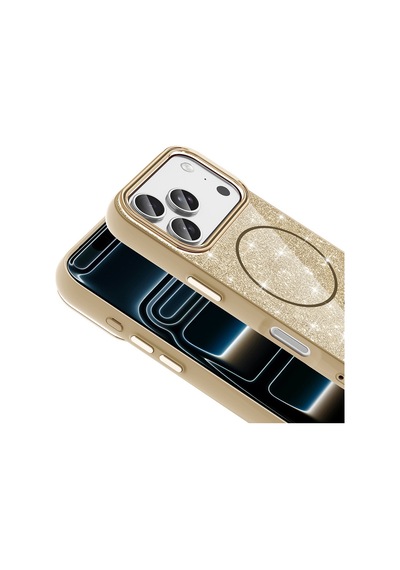Apple Uyumlu iPhone 17 Pro Max Kılıf M-safe Şarj Özellikli Parlayan Simli Okso Kılıf Gold