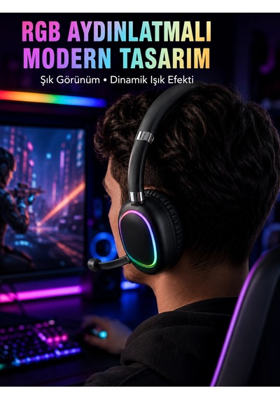 Rgb Işıklı Bluetooth Mikrofonlu Kulaklık Uzun Süreli Kullanım Type-c Şarjlı