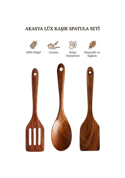 Kamptek Akasya Ahşap 3'lü Mutfak Seti Spatula Ve Kaşık Takımı