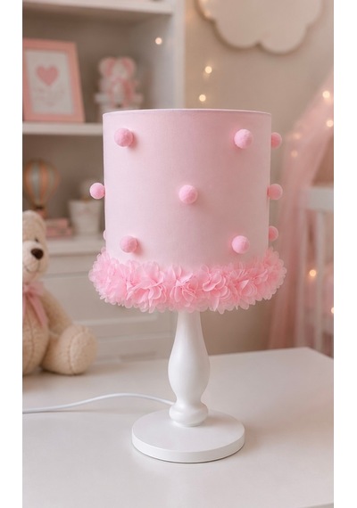 Pembe Ponponlu Bebek Odası Abajur Ve Fotoğraf Çerçevesi Seti El Yapımı Kız Bebek Odası Deko Pembe