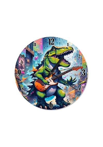 Elektro Gitar Ve Sevimli Dinozor Tasarım Duvar Saati Çok Renkli