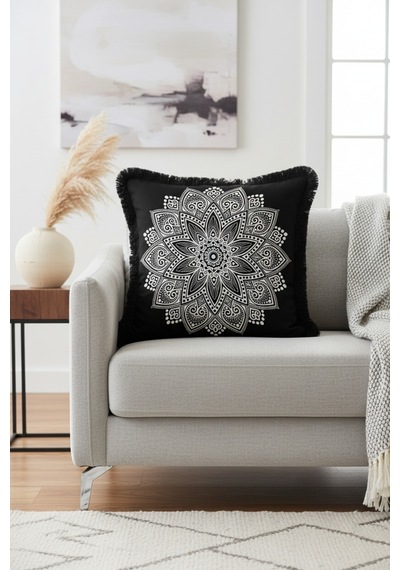 Mandala Motifli Saçaklı Yastık Kılıfı - Etnik Siyah Beyaz Bohem Püsküllü Kırlent Kılıfı Orman Limon Sarısı