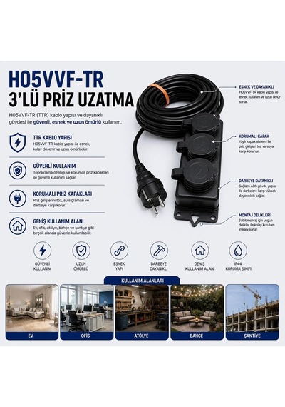 Ayrex 3'lü Grup Priz 3x2.5mm Ttr Topraklı Siyah Kauçuk Uzatma Kablosu 10 Metre 0