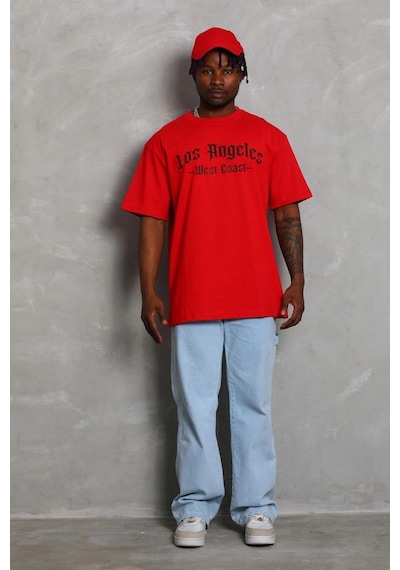 Barlashive Erkek Baskılı Tişört Kısa Kol Bisiklet Yaka Oversize T-shirt - Kırmızı Çok Renkli