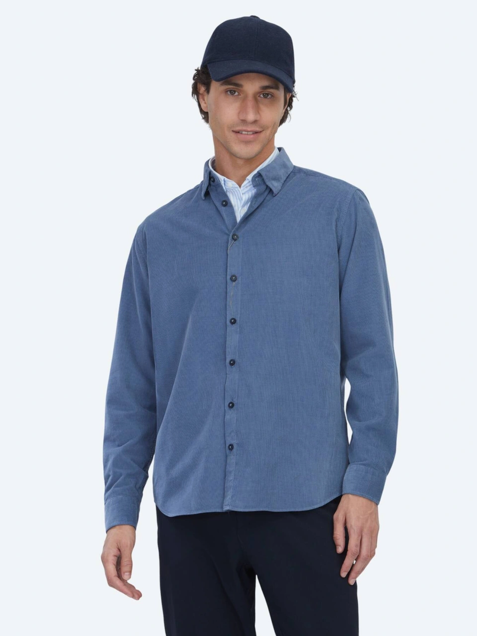 Kip Mavi Çizgili Regular Fit Dokuma Kadife Casual %100 Pamuk Gömlek Mavi