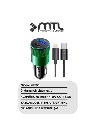 Araç Şarj Aleti Çakmaklık 38w Lightning Type-c + Usb Çift Portlu - Qualcomm Qc 4.0 Desteği Mt-a1834