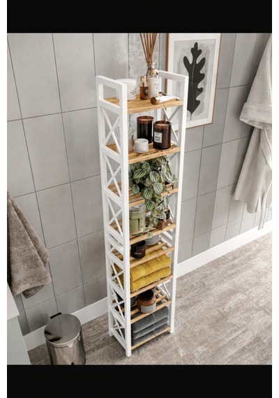 Mini Beyaz Masif Ahşap Dekoratif Banyo Rafı Havluluk Peçetelik 8 Katlı Beyaz