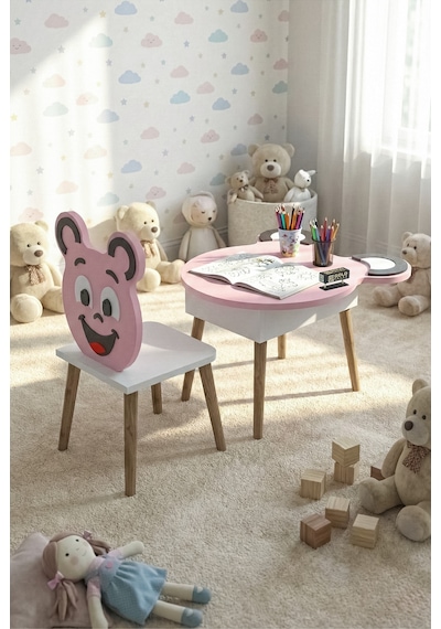 Çocuk Masası & Çocuk Sandalyesi Happy Face Sevimli Figürlü Set Pembe