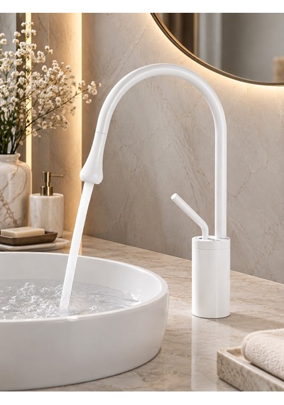 Alfas Beyaz Pirinç Banyo Lavabo Bataryası Yüksek Kuğu Boyun 360 Dömer Modern Tasarım