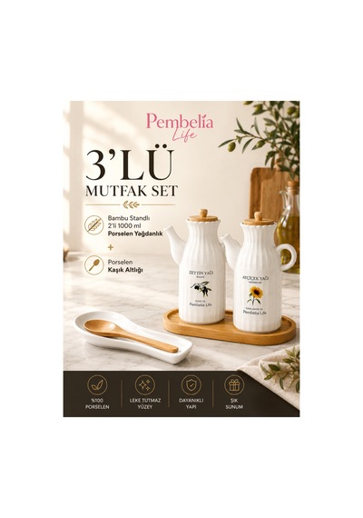 Bambu Standlı 2 Li Porselen Yağdanlık Ve Porselen Kaşık Altlığı 4 Lü Mutfak Düzenleme Seti Beyaz Beyaz