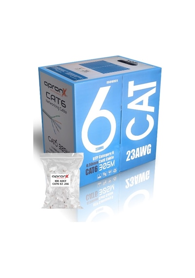 Apronx Cat6 23awg 305 Metre 0,50mm Gri Utp Kablo +100 Adet Ez Jak