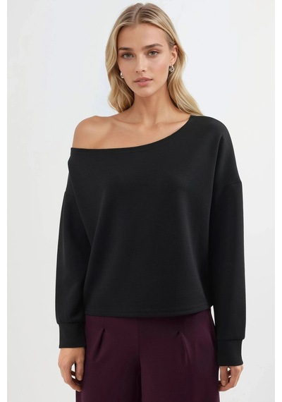 Hiccup Busem Asimetrik Yakalı Rahat Kesim Sweatshirt Siyah