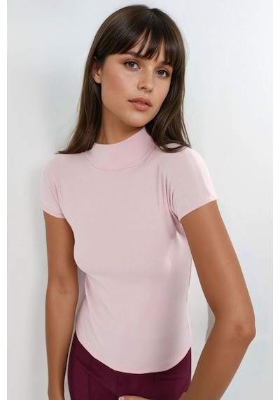 Hiccup Busem Vücuda Oturan Dik Yaka Pamuk Bluz Toz Pembe
