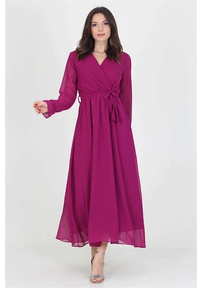 Neşeli Butik Kadın Yeni Sezon Astarlı Kruvaze Yaka Uzun Şifon Elbise Nb003 Mürdüm
