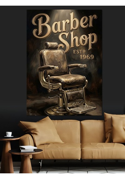 Barber Shop Retro Berber Koltuğu Dekoratif Kanvas - Mdf Ahşap Tablo