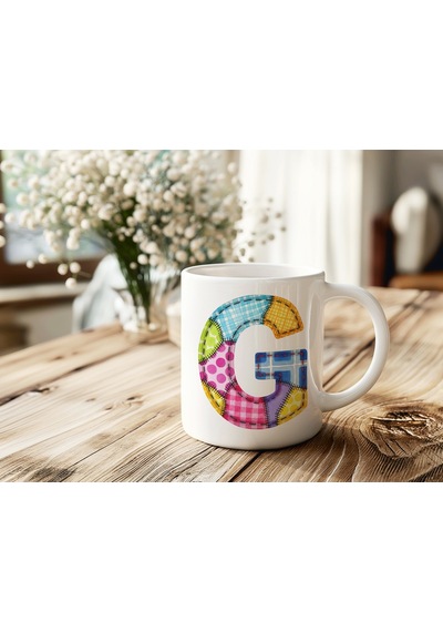 G Harfi Renkli Yamalı Tasarım Kupa Bardak - Bohem Patchwork Desenli Kupa - Etnik Hediyelik Beyaz