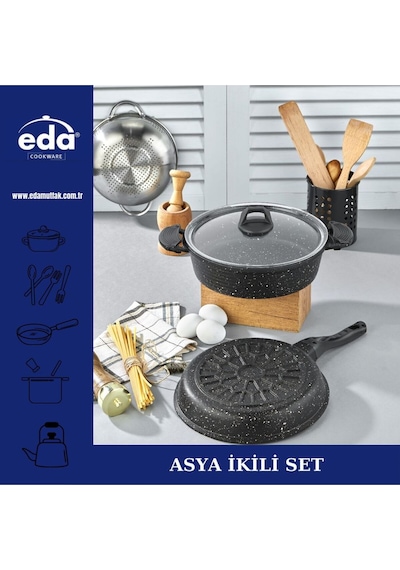 Eda Granit 2 Li Asya Tencere Tava Seti 26+26 Cm. Gri
