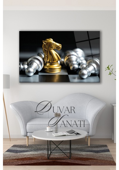 Satranç At'ın Savaşı Yatay Cam Tablo, Modern Ev Salon Ofis Dekorasyonu Hediyelik Büyük Duvar Dekoru