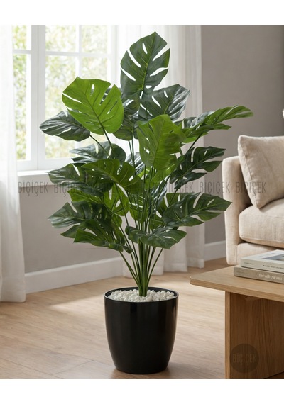 Biçiçek Yapay Monstera Deve Tabanı Yakut Saksıda Siyah