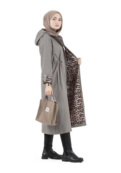 Sevitli Leopar Detaylı Trençkot-füme-2958-füme Füme