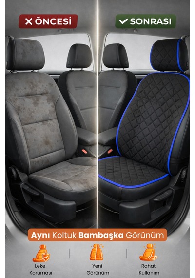 Oto Koltuk Kılıfı Tay Tüyü Tekli Ön Minder 4 Katmanlı Terletmez Airbag Uyumlu - Siyah Mavi
