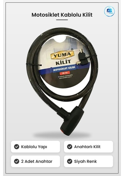 Motosiklet Kilidi Kablolu Anahtarlı Siyah Hırsızlık Önleyici Kili