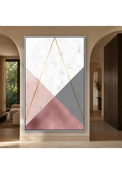 Gül Kurusu Mermer Üçgenler Gümüş Çerçeveli Cam Tablo