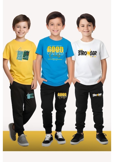 Fyk Kids Erkek Çocuk 3'lü Set Think Yazı Baskılı Yazlık Alt-üst Takım Çok Renkli