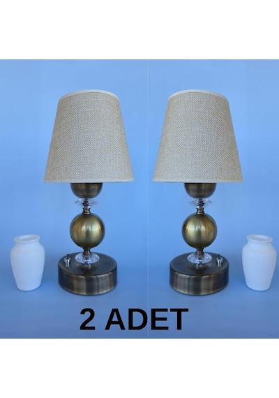 Abajur, Dekoratif Pilli Abajur Eskitme Metal Ayaklı Bej Kumaş Başlıklı Şık Masa Lambası 2'li Set