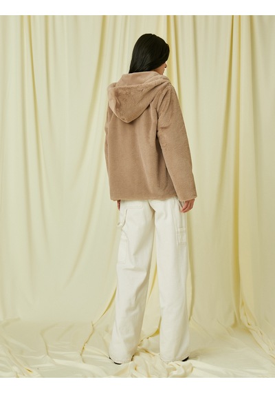 Koton Kapüşonlu Oversize Peluş Kısa Kaban Vizon 3wak00073ew Vizon