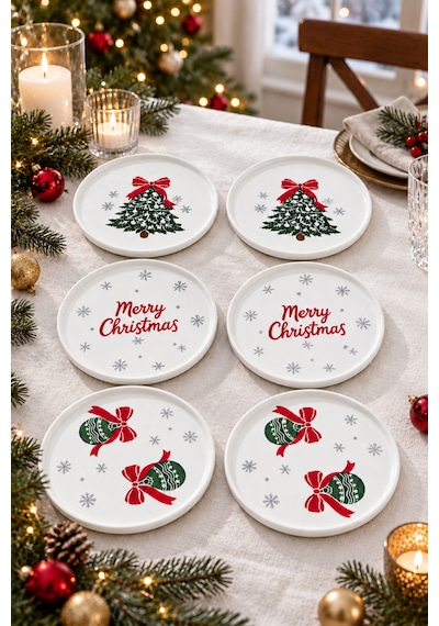 Merry Christmas 6 Lı 16 Cm Yılbaşı Desenli Seramik Pasta Ve Tatlı Tabağı Seti Beyaz