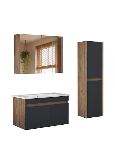 Lavabolu Mdf 80 Cm Banyo Alt Dolabı + Aynalı Üst Dolabı + Banyo Boy Dolabı , Banyo Dolabı Seti. Atlantik Çam - Antrasit Lavabolu Mdf 80 Cm Banyo Alt Dolabı + Aynalı Üst Dolabı + Banyo Boy Dolabı , Banyo Dolabı Seti. Atlantik Çam - Antrasit