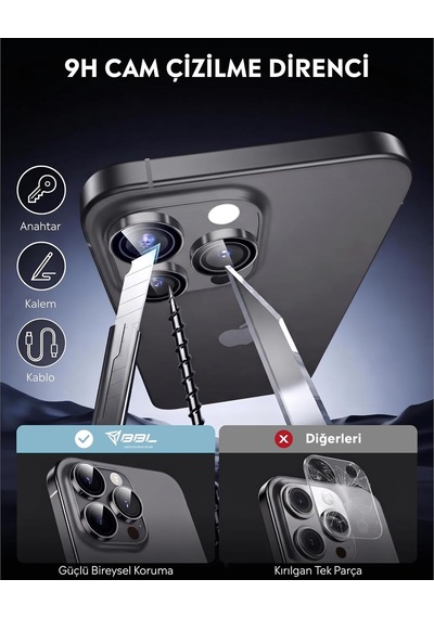 İphone 15 Pro / 15 Pro Max İle Uyumlu Safir Lens Koruyucu Ultra Dayanıklı Kolay Kurulum Aparatlı Parmak İzi Bırakmayan Yansıma Önleyici Kamera Lensi Koruma Siyah Titanyum
