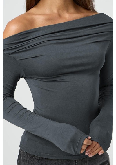 Seeh Füme Kayık Yaka Büzgülü Kadın Body Sh225