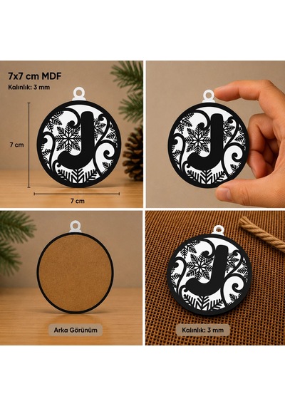 J Harf Yılbaşı Süsü Mdf Çam Ağacı Desenli Asılabilir Dekor 7x7 Cm