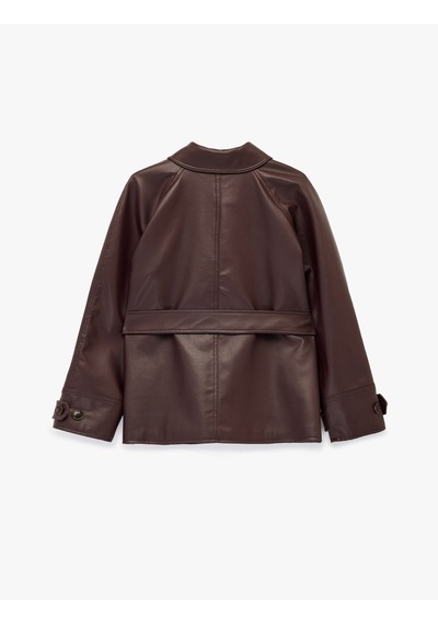 Koton Uzun Kollu Cepli Kemerli Oversize Suni Deri Ceket Bordo 6sak20108ew