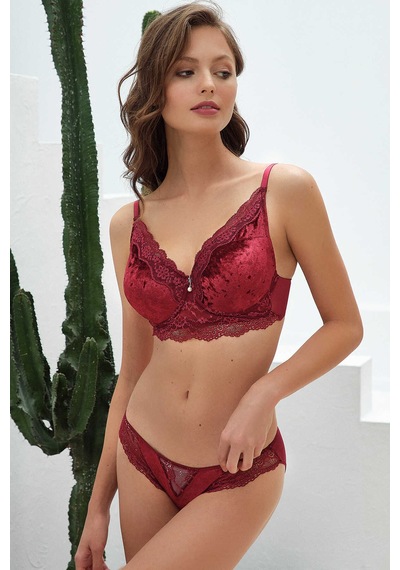 MAN4805-1011 Anıl İç Giyim Kadın Kadife Balenli Destekli Dolgulu Dantelli Büstiyer Sütyen ve Slip Takım (4805) Çok Renkli