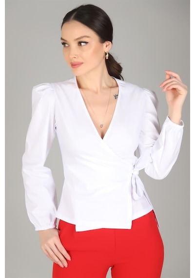 Sweetness Kadın Beyaz Kruvaze Model Likralı Gömlek Beyaz